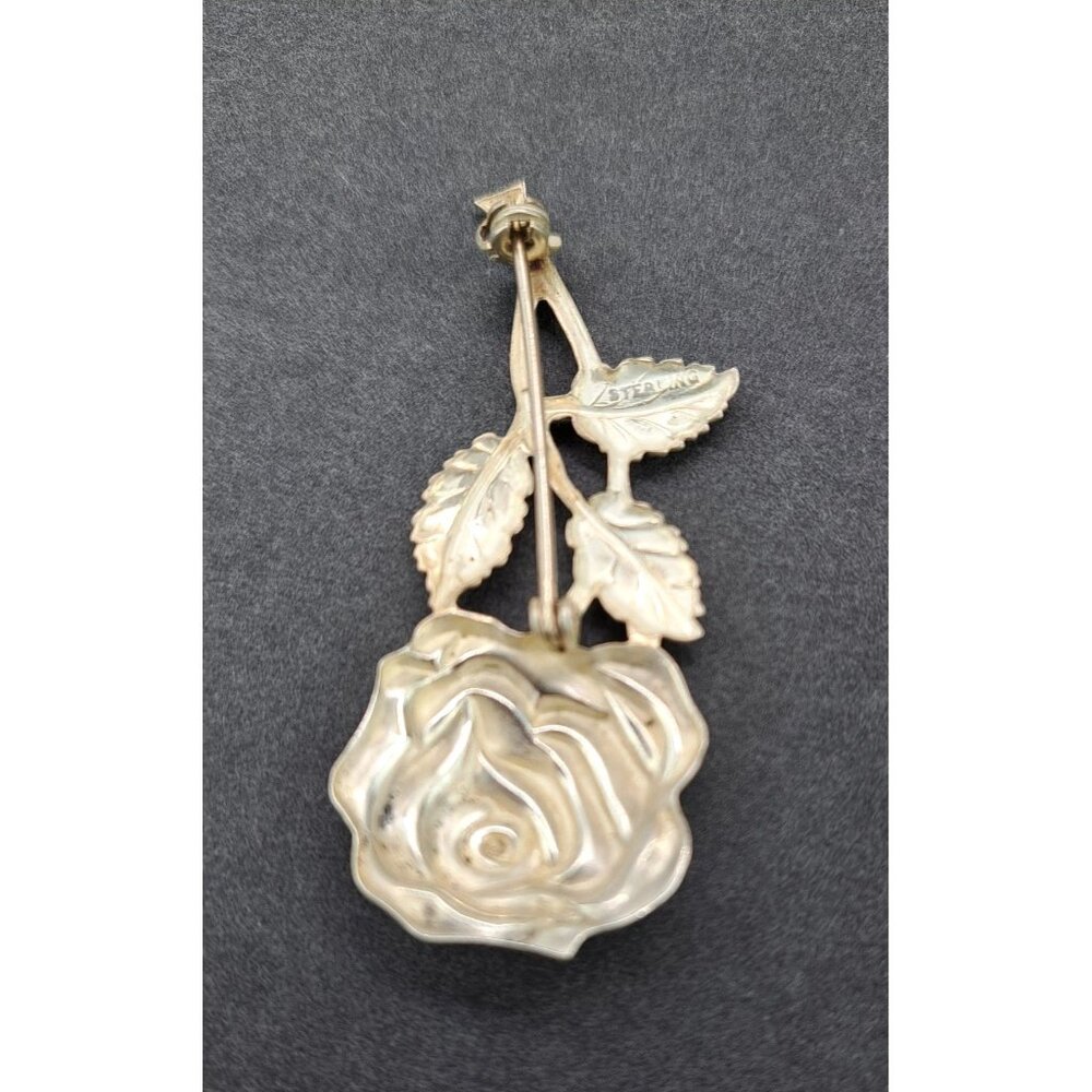Vintage Sterling Silver Rose Brooch Pin Detailed Floral Design Floral Statement - Picture 6 of 9